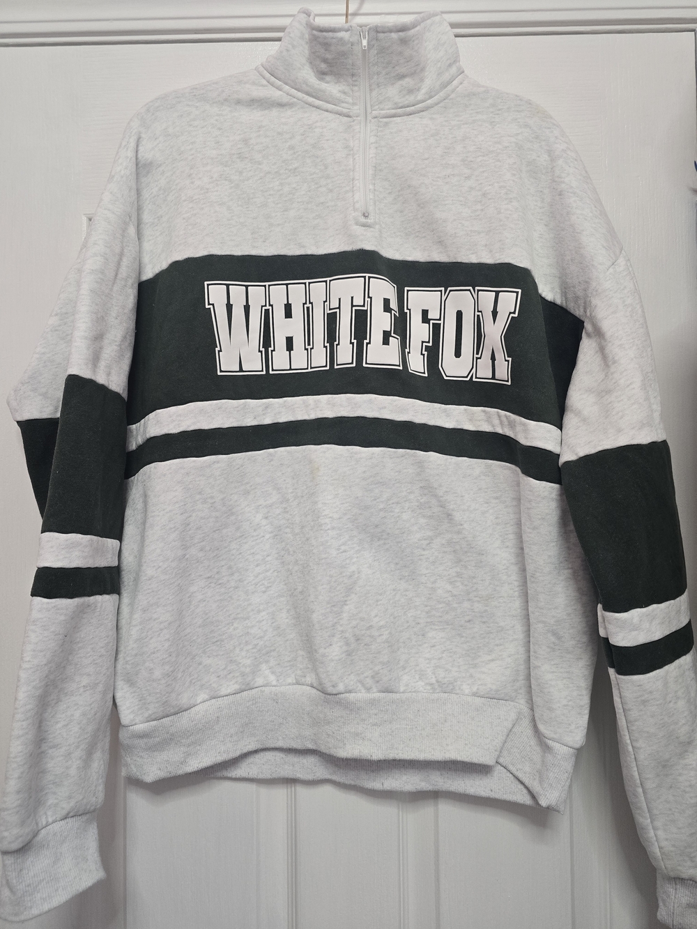 White Fox Boutique Decade Classics Varsity Zip Front Sweater - Grey Marl/Green